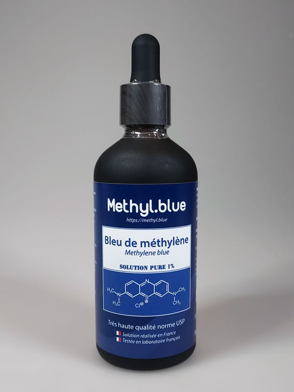 Flacone di blu di metilene 1 % Vitruve Labs, etichetta visibile