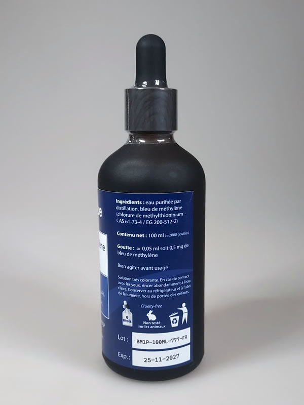 Flacone di blu di metilene 1 % Vitruve Labs, profilo destro